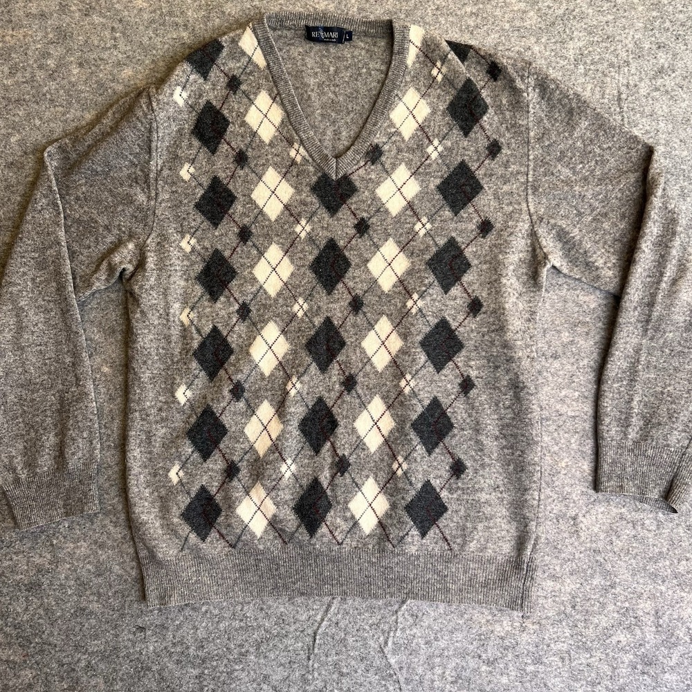 Re Del Mare‎ Mens Argyle Wool Sweater Large Made in Italy Academia Grandpa READ